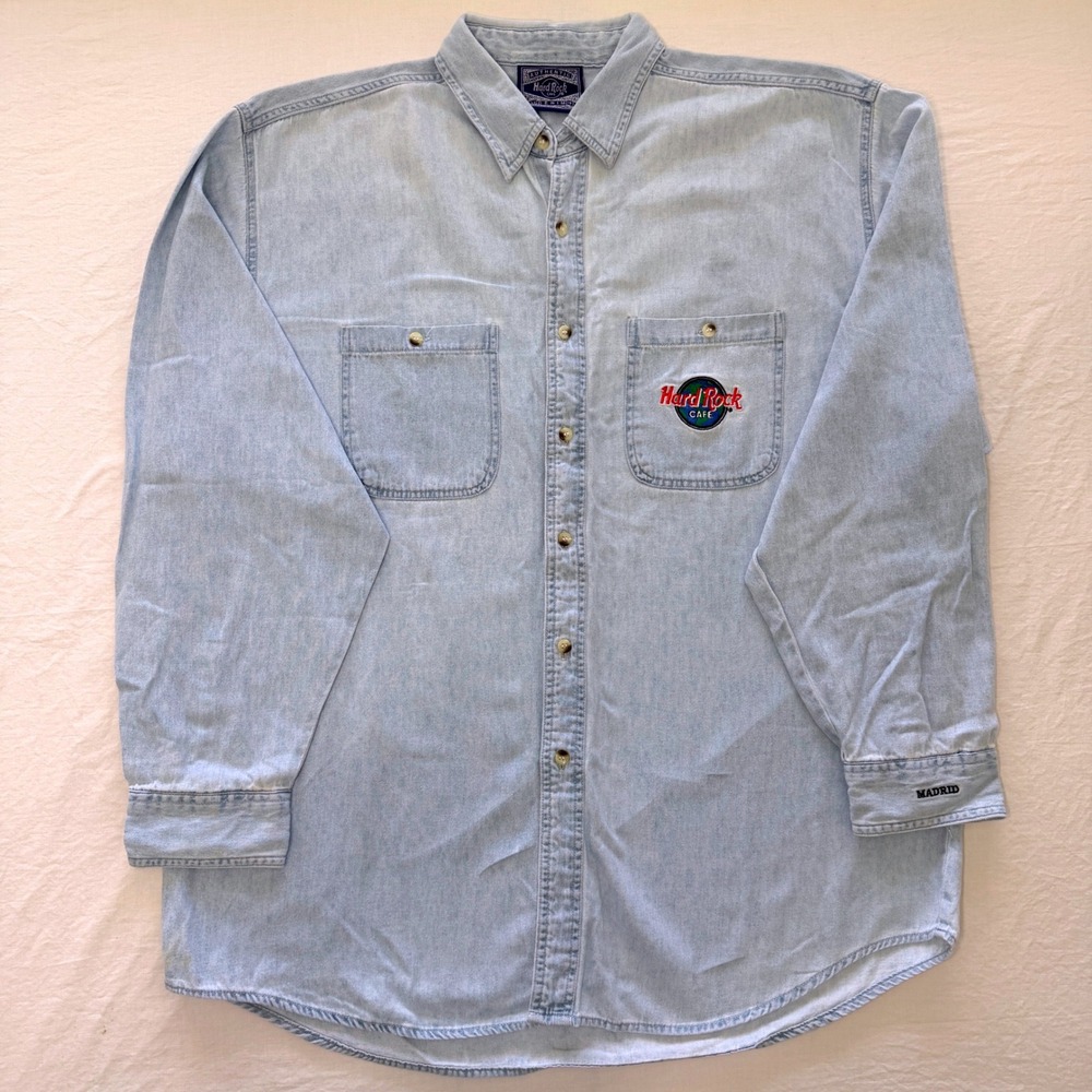 Vintage 90s Hard Rock Cafe Madrid Denim Shirt Mens XL Embroidered Button Up